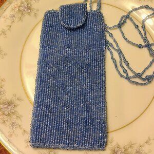 Vtg Hand Beaded Iridescent Blue Glass Cross Body Wallet Bag Eye Glass Pouch